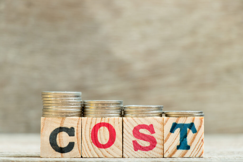 「COST」と書かれた積み木の上にコインが乗っている